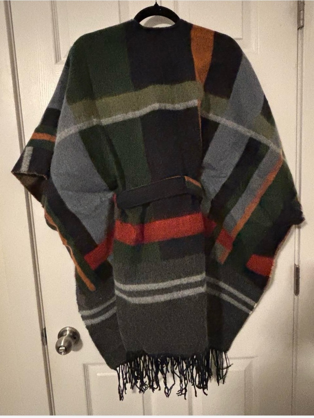 Plaid Fringe Wrap Cape With Belt- Green, Gray & Rust Size Large - Picture 2 of 2